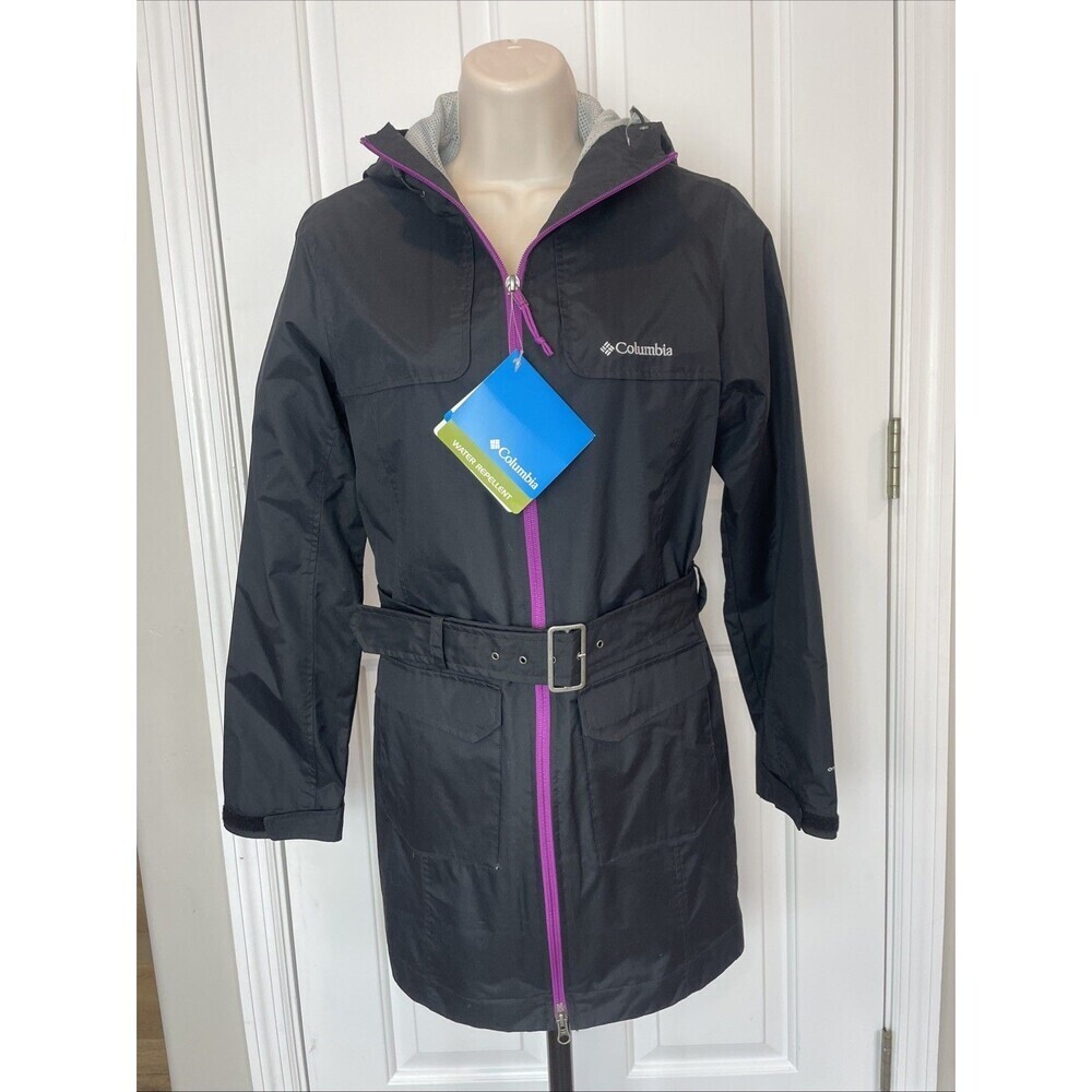 Columbia Women's Black Pardon My Trench Belt Hooded Rain Coat Jacket Size S New